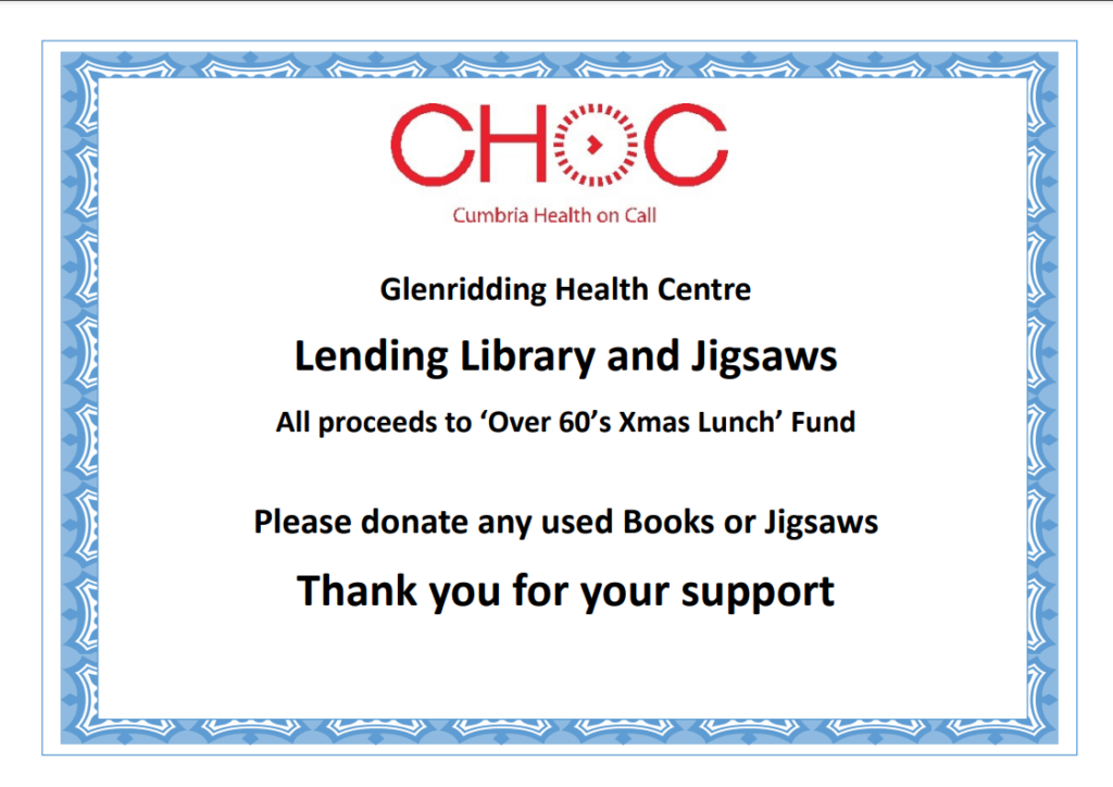All proceeds to ‘Over 60’s Xmas Lunch’ Fund Please donate any used Books or Jigsaws Thank you for your support